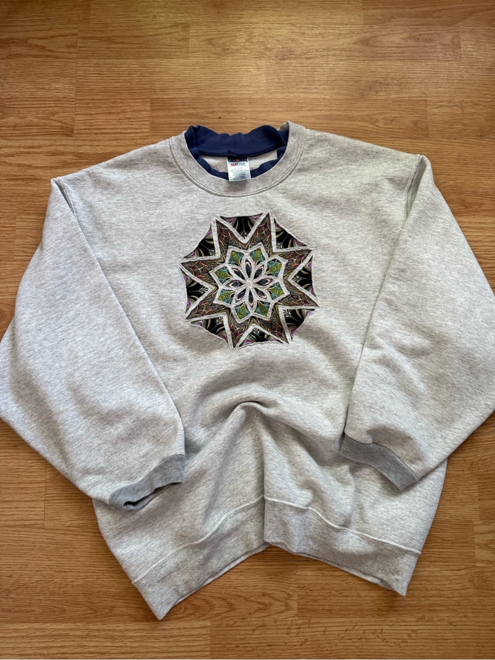 Vintage 90s Gray Crewneck Sweatshirt with Quilted Mandala Design